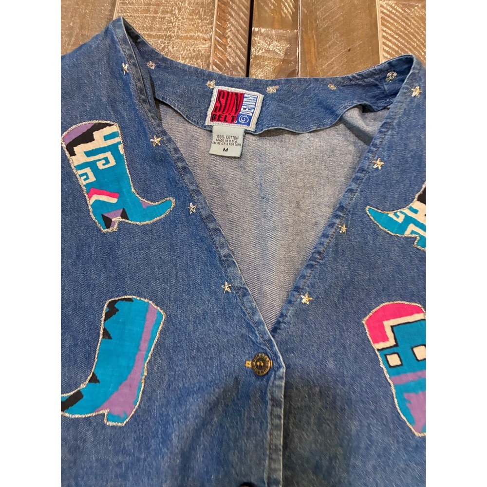 Sunbelt Denim Vintage Western Cowboy Boot Applique Star‎ Rodeo Vest Medium Blue